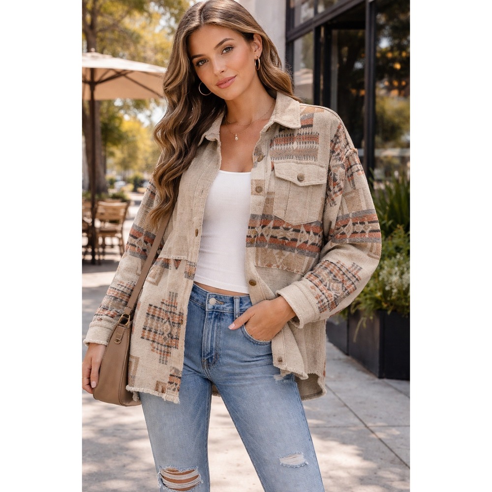 elleborn Shacket Beige Aztec Southwestern Frayed Hem Shirt Jacket Baggy - Medium